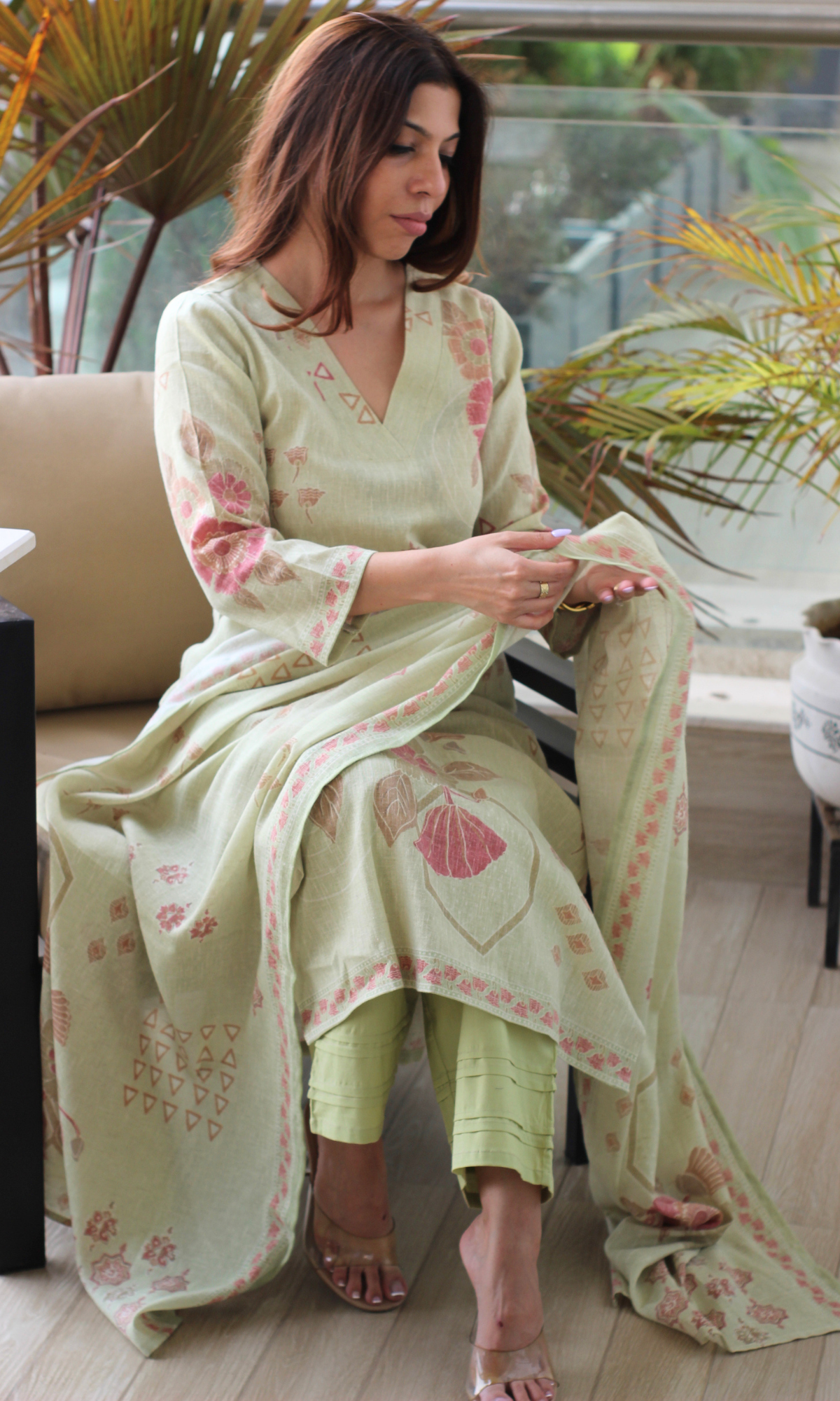 Mint Sand Linen Blend Printed Kurta, Dupatta & Cotton Pants