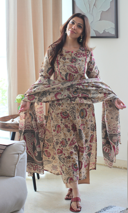 Cotton Beige & Pink Kalamkari Kurta, Cotton Pant & Cotton Kalamkari  Dupatta