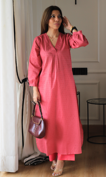 Salmon Cotton Dobby Pleated Kurta with Cotton Pants
