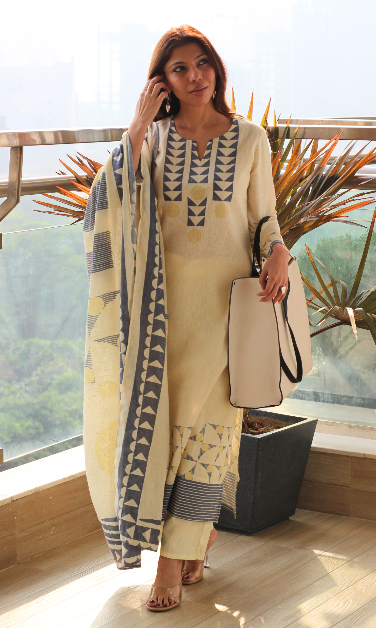 Linen Blend Butter Yellow Abstract Print Kurta , Dupatta & Cotton Pants