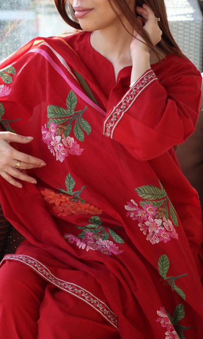 Cotton Red Heena Kurta, Farshi Salwaar & Printed Mul Dupatta