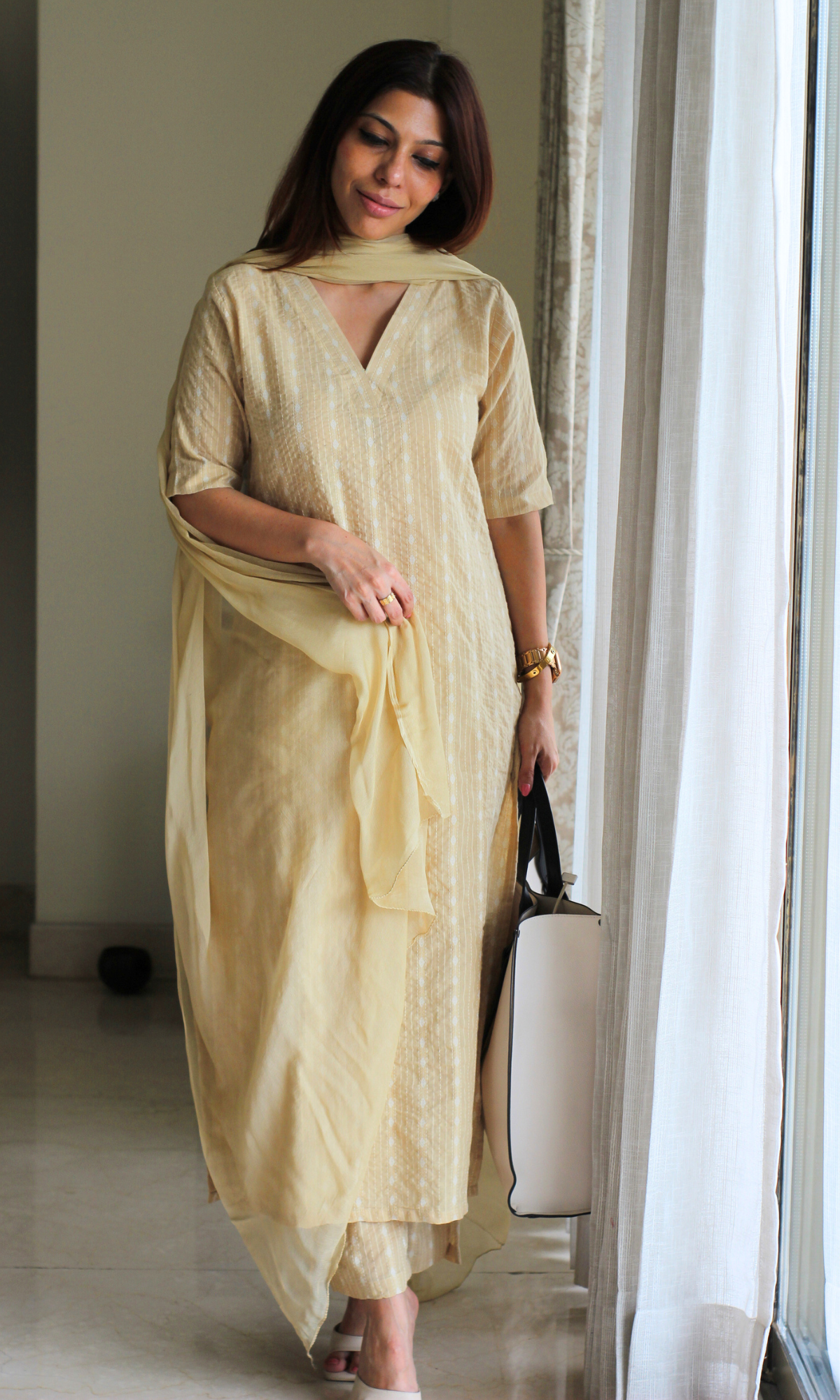 Buttermilk Beige Cotton Kantha Kurta, Pant & Chiffon Dupatta