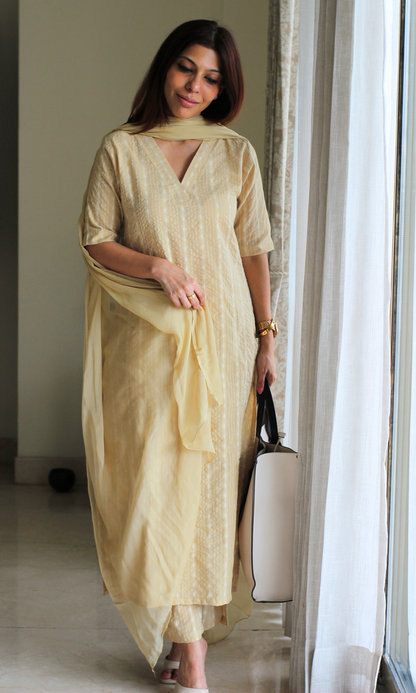 Buttermilk Beige Cotton Kantha Kurta, Pant & Chiffon Dupatta