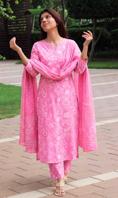Pink Block Print Cotton Kurta, Pants & Cotton Printed Dupatta