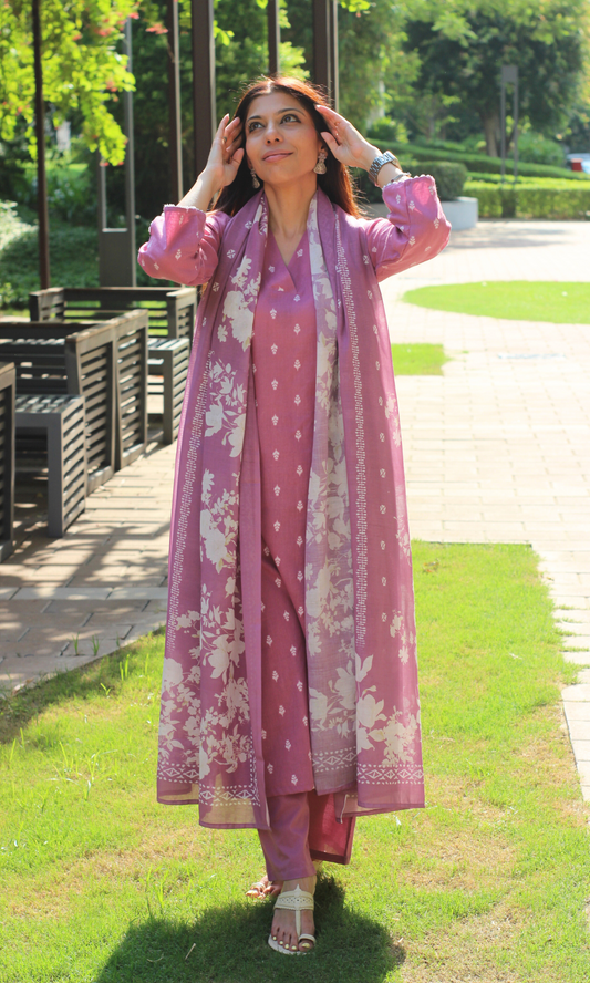 Cotton Blush Pink Dobby Kurta, Cotton Pants & Printed Dupatta
