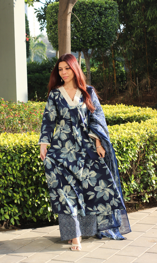 Cotton Dark Blue Floral A Line Suit with Lace Detailing & Palazzo with Dupatta