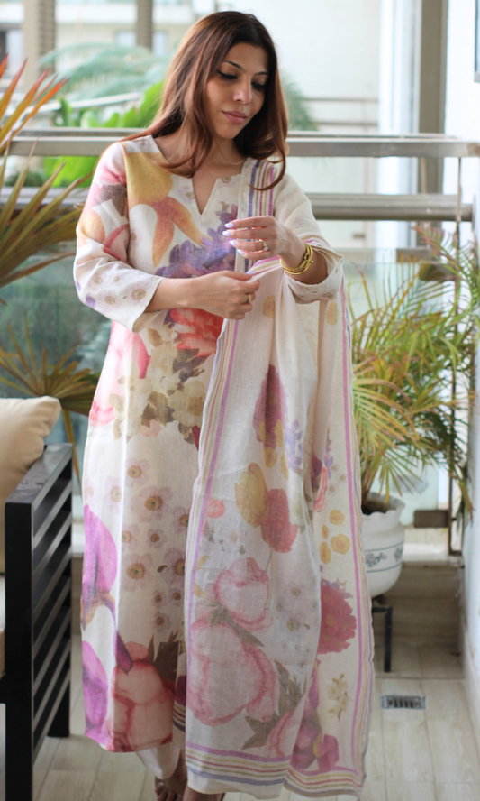 Beige Mauve Abstarct Print Linen Blend Kurta, Dupatta & Cotton Pants