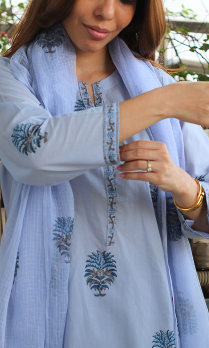 Iris Mist Cotton Mughal Print Kurta, Pant & Kota Doria Handblock Print Dupatta