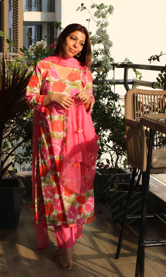 Pink Orchard Printed Kurta, Cotton Pants and Chiffon Dupatta with Tassels
