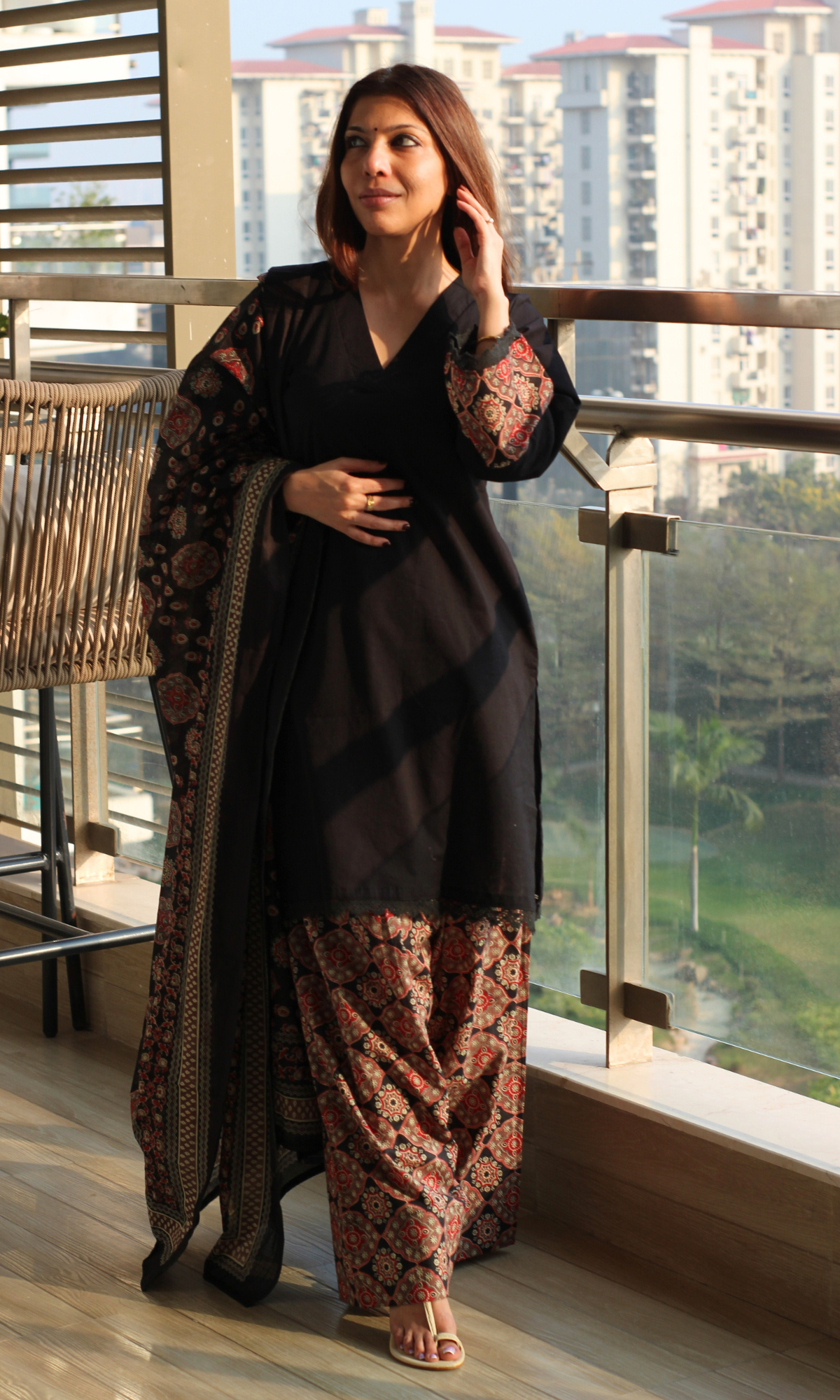 Cotton Black Kurta , Ajrakh Farshi Salwaar with Cotton Printed Dupatta