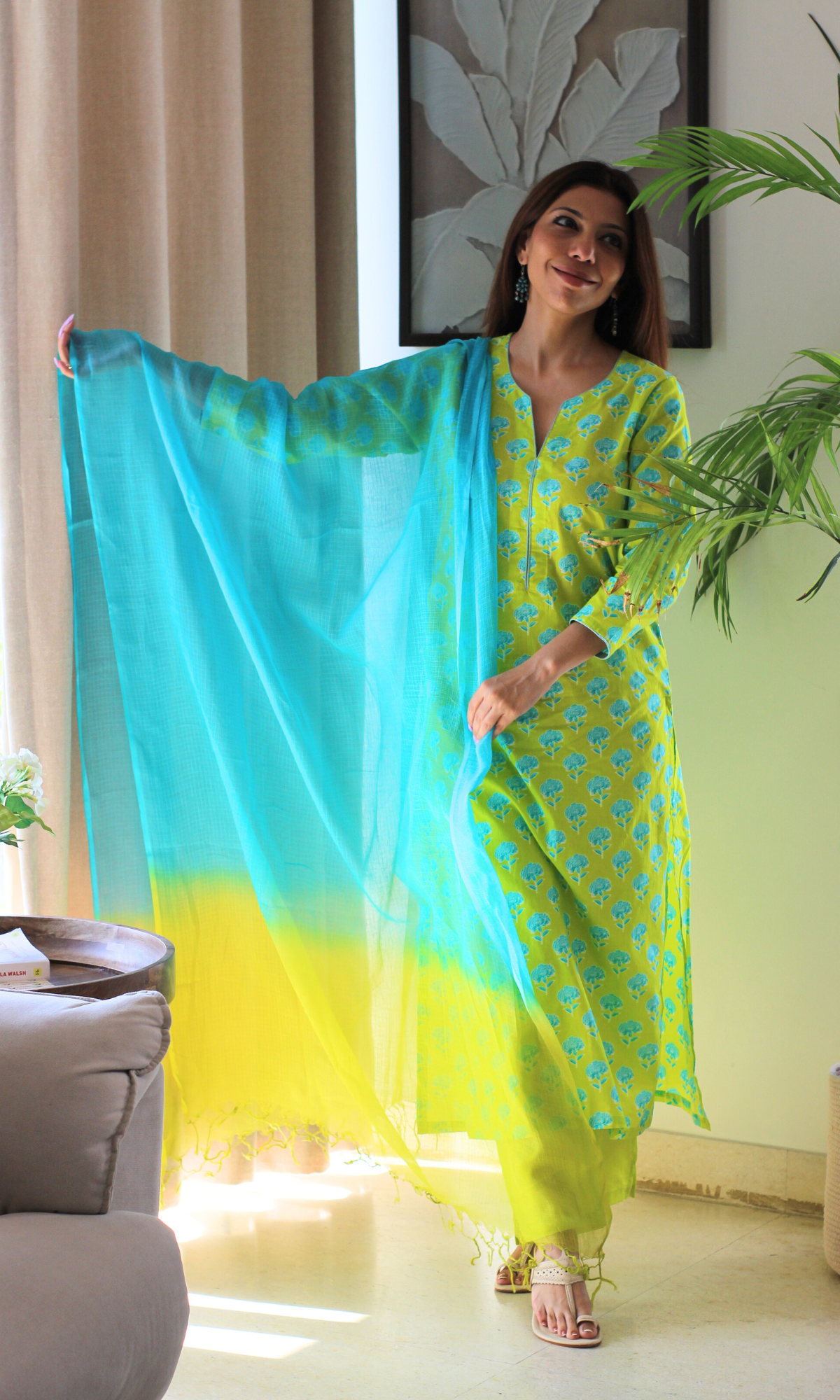 Tropical Lime Printed Kurta, Cotton Pants and Ombré Kota Doria Dupatta