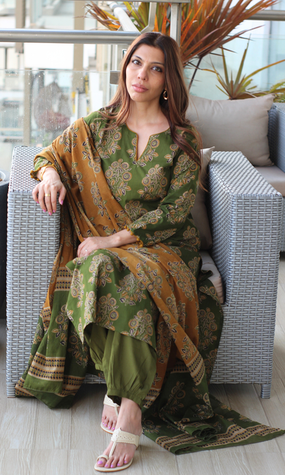 Forest Olive Ajrakh Boota Kurta, Block Print Dupatta & Cotton Afgani Pant