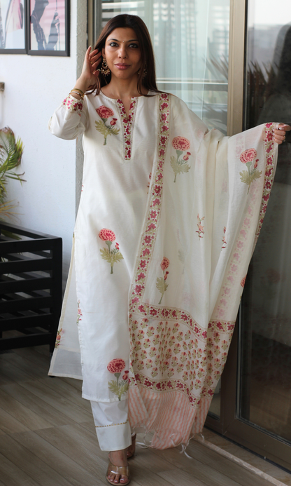 Tulika Chanderi Silk Handblock Printed Kurta , Dupatta & Cotton Pants