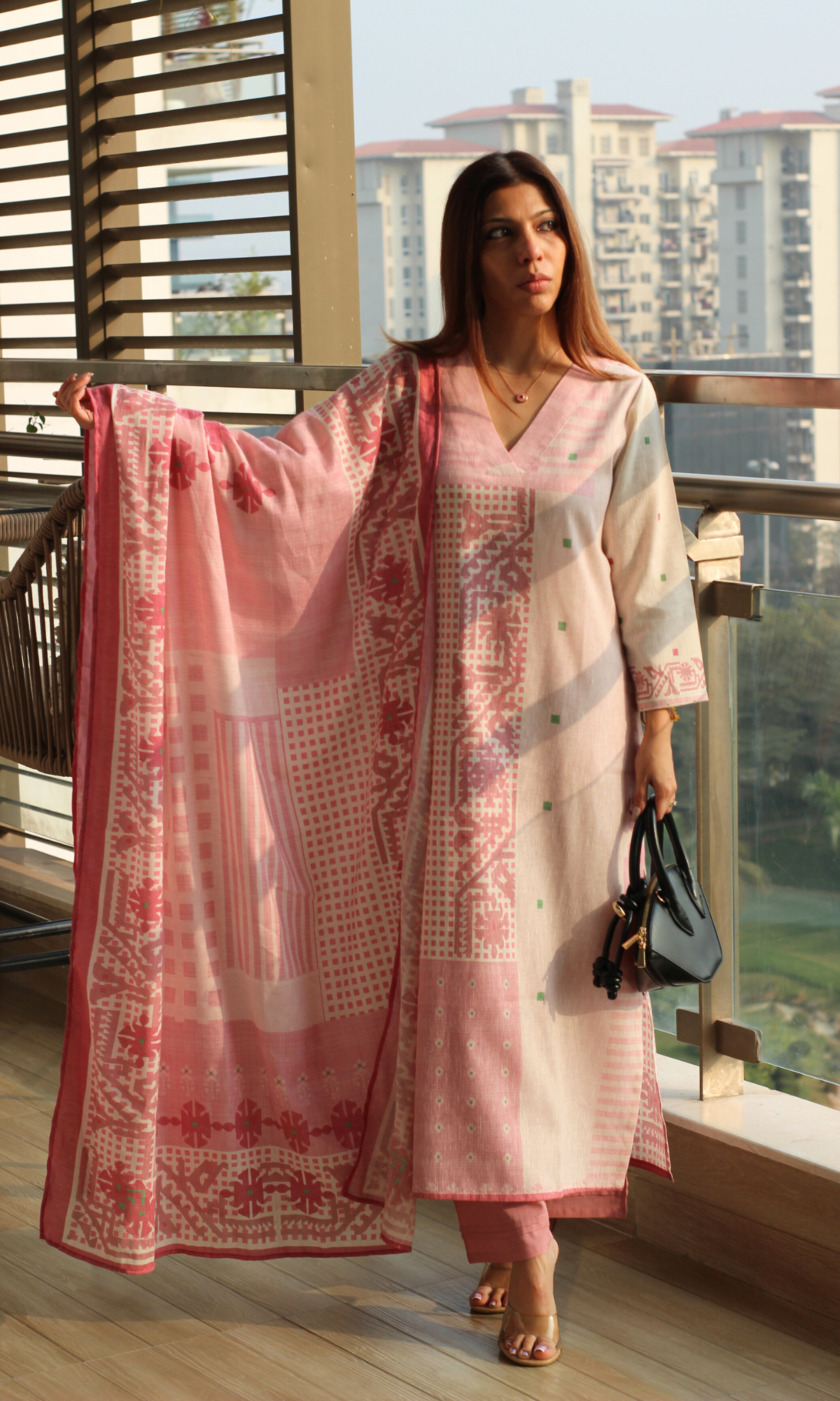Linen Blend Rosa Sukoon Printed Kurta, Dupatta & Cotton Pants
