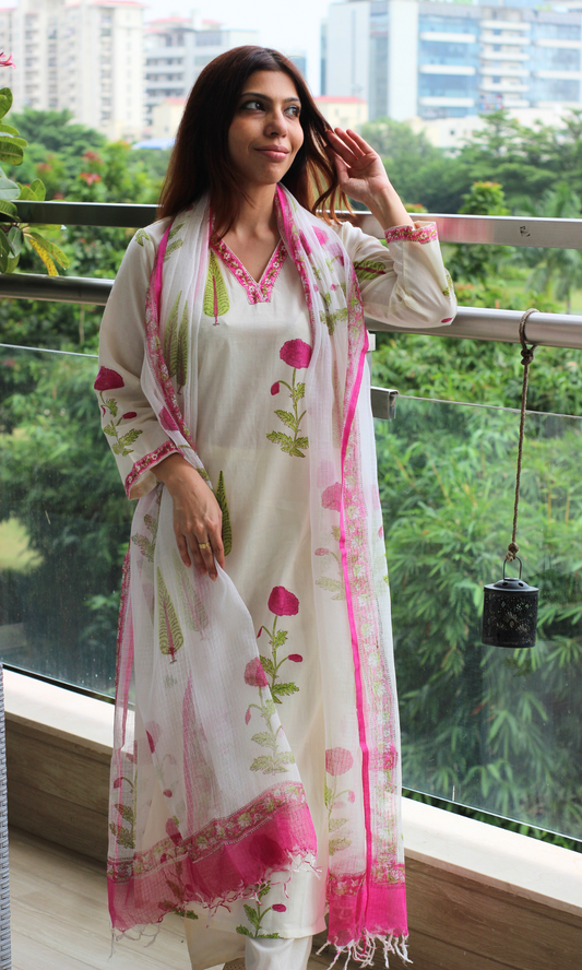 Ivory Gulbagh Handblock Print Cotton Kurta, Pant & Kota Doria Printed Dupatta