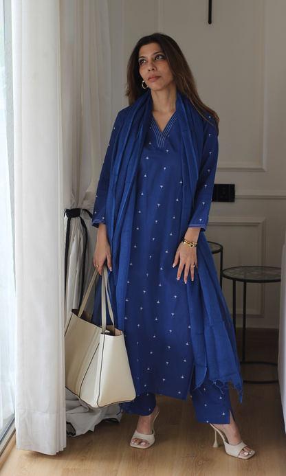 Persian blue Handloom Cotton Dobby Kurta, Pant & Kota Doria Dupatta