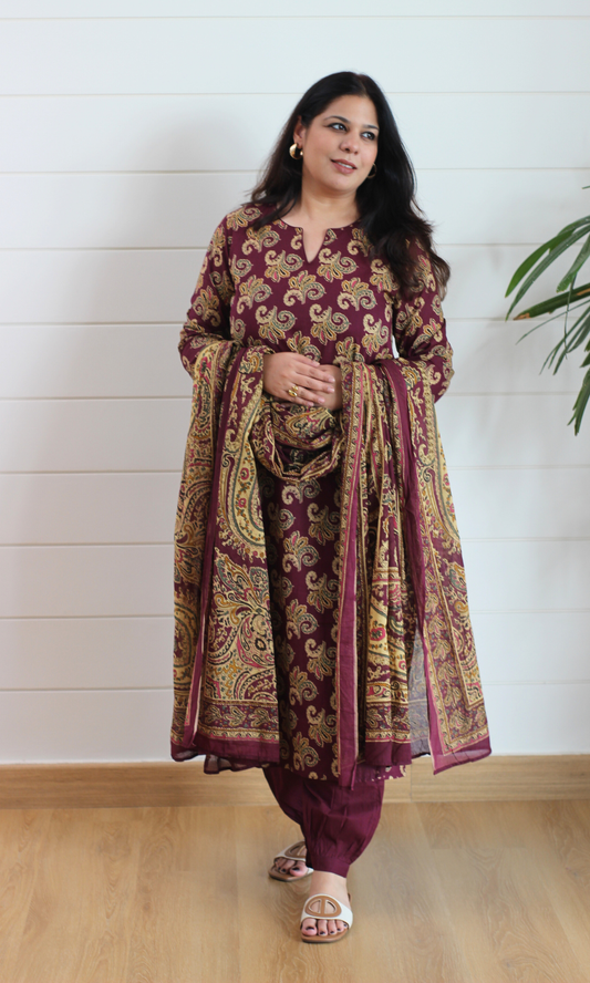 Burgundy Kashni Gul Printed Cotton Kurta, Dupatta & Afghani Style Pant