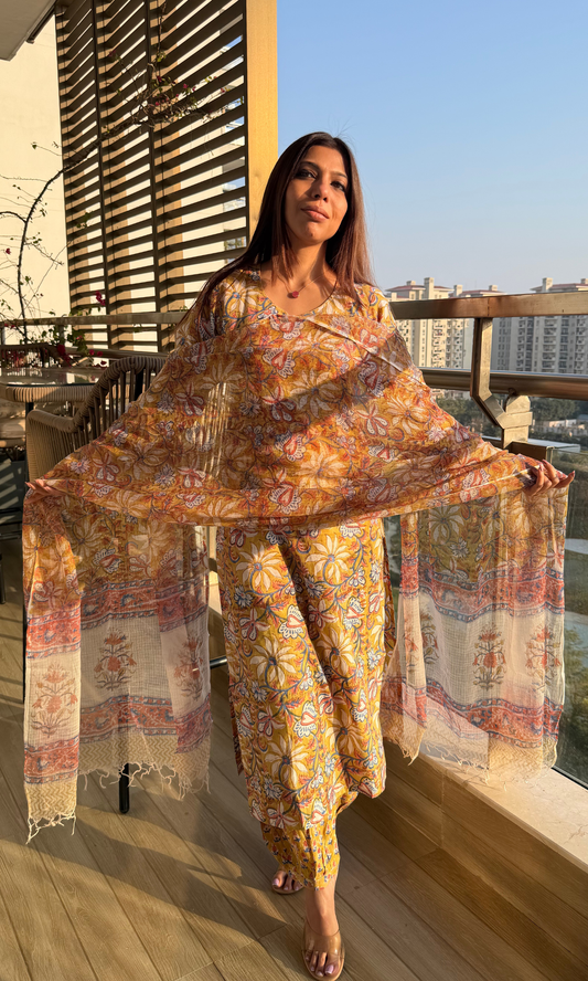 Cotton Handblock Deep Yellow Suit Set with Printed Kota Dupatta