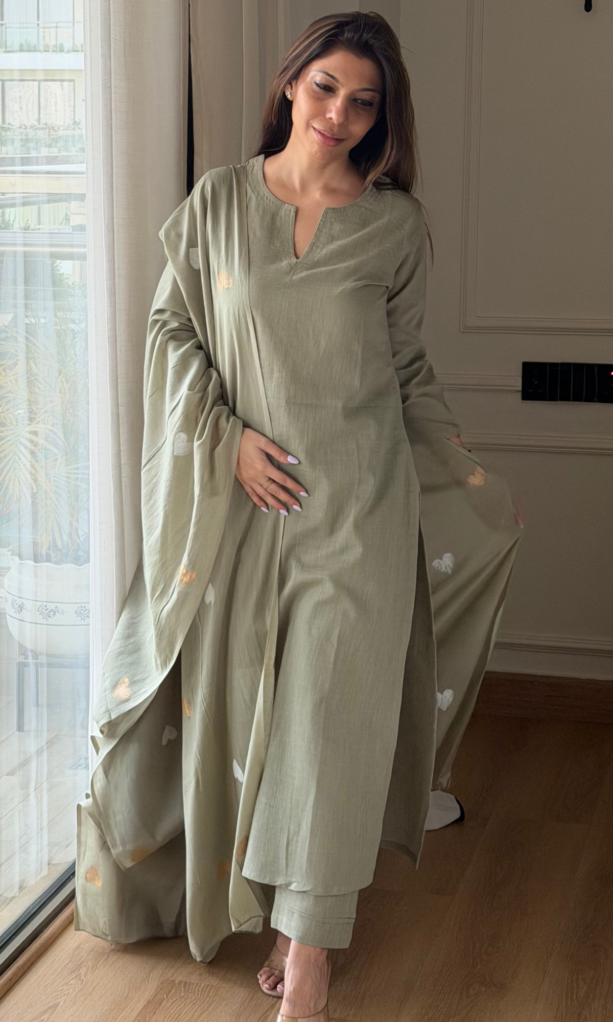 Soft Sage Slub Kurta, Pant with Cotton Hearts Handpainted Dupatta