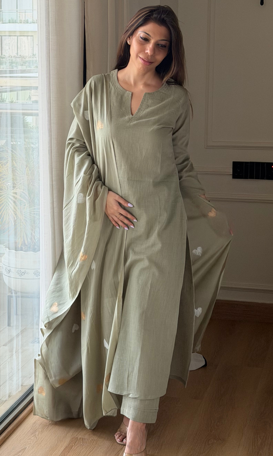 Soft Sage Slub Kurta, Pant with Cotton Hearts Handpainted Dupatta