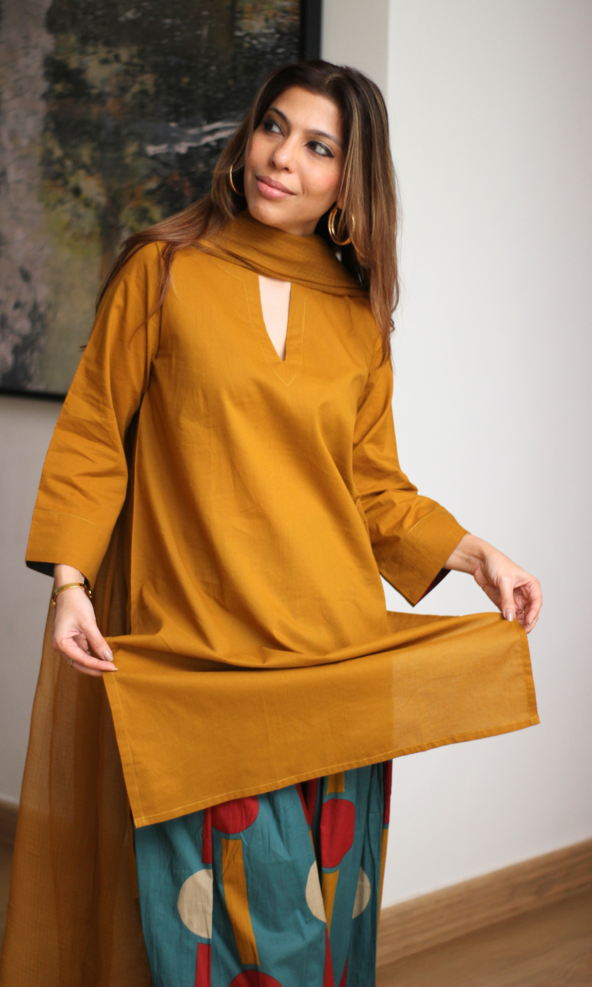 Mustard Kurta with Contrast Farshi & Kota Doria Dupatta