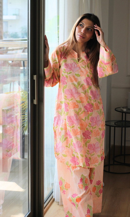 Spring Peachy Floral Block print Kurta & Farshi Salwaar