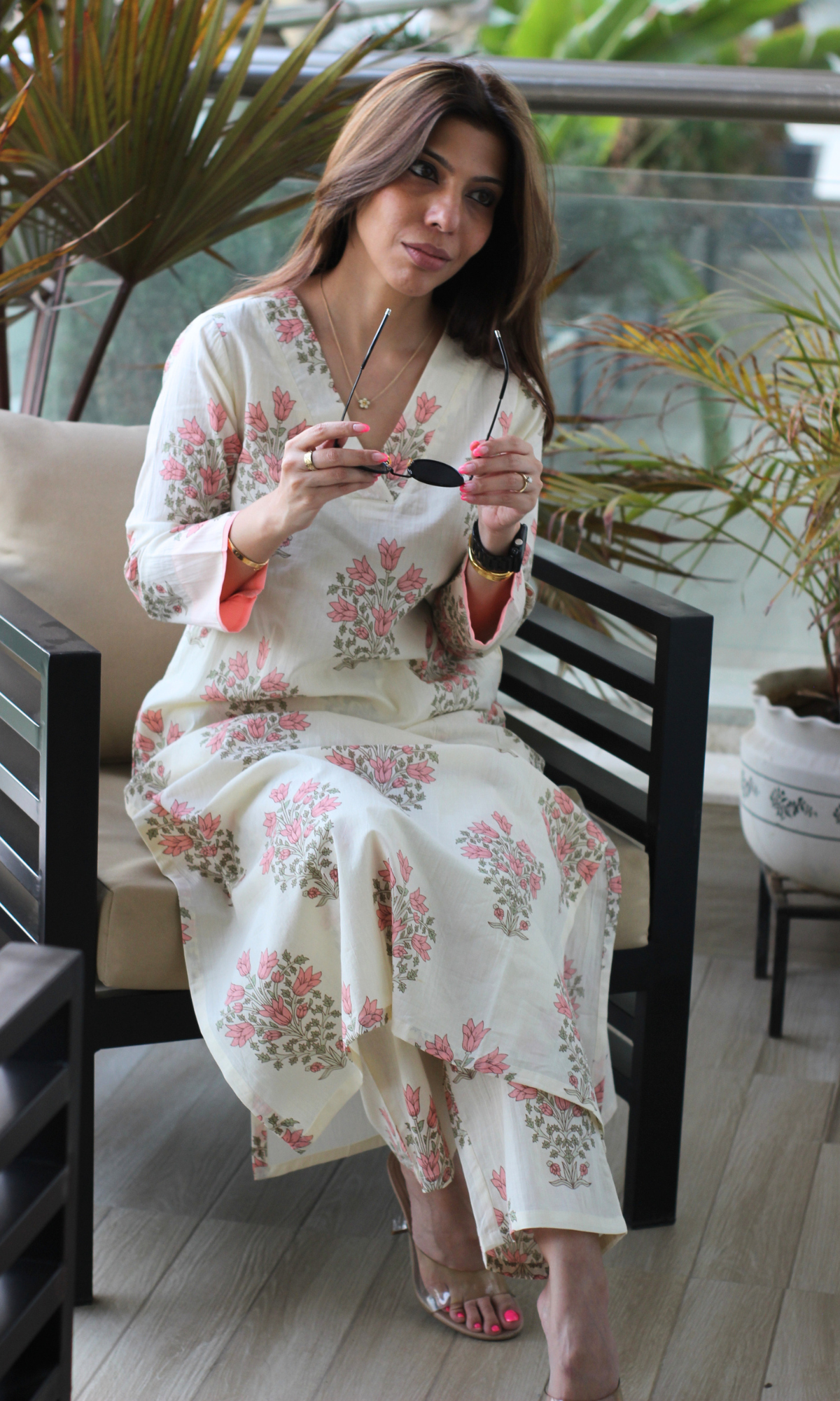 Cotton Off White & Peach Mughal Print Kurta & Pant