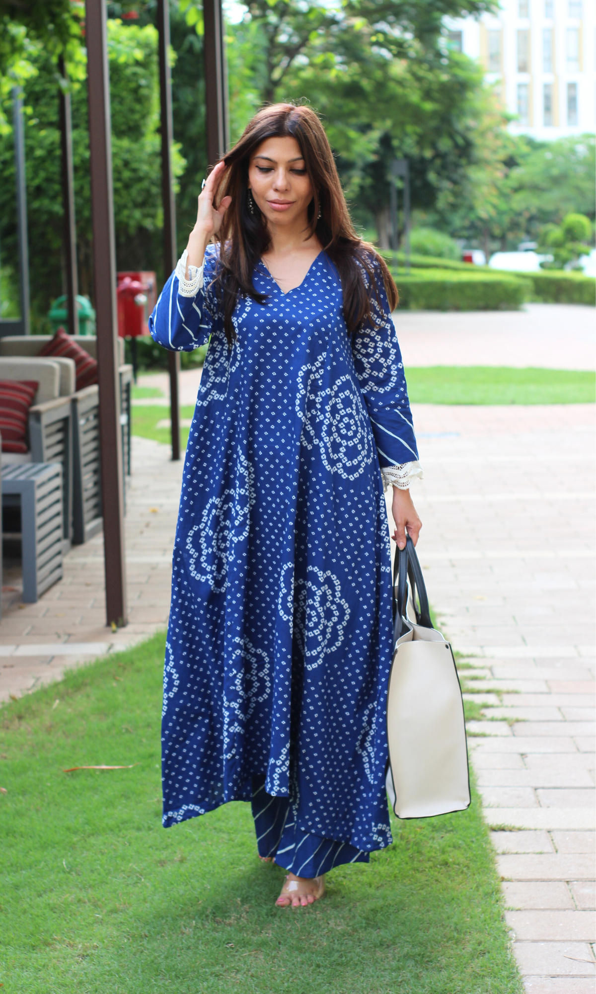 Cotton Blue Meadow Print High Low Kurta & Palazzo