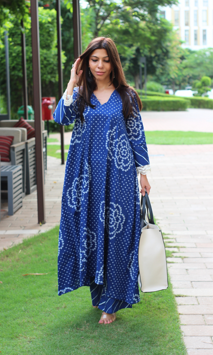 Cotton Blue Meadow Print High Low Kurta & Palazzo