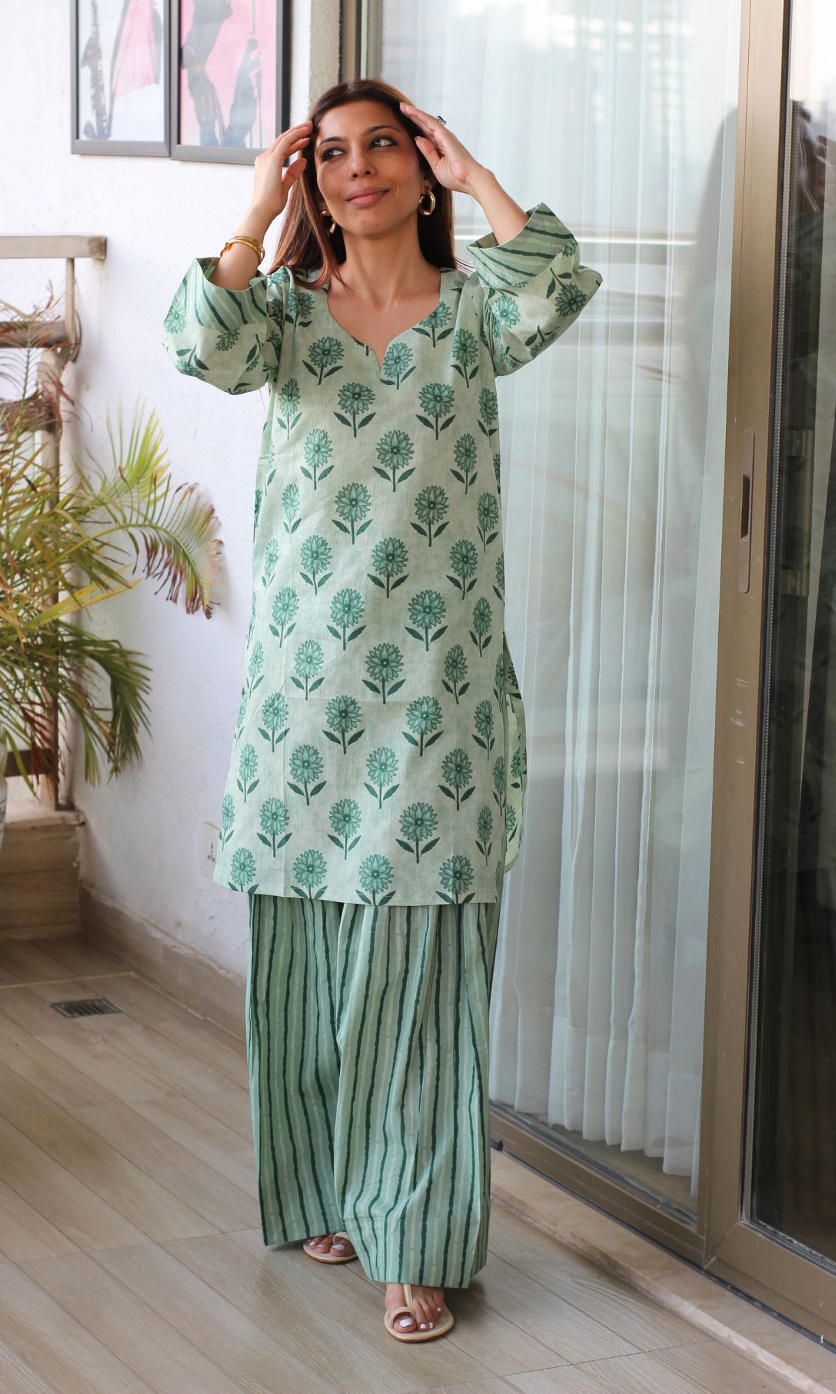 Earthy Mint Floral Kurta with Farshi Salwaar