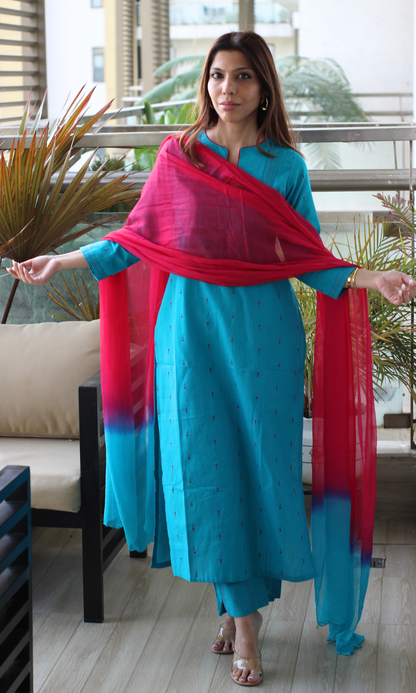 Teal Handloom Cotton Dobby Kurta, Pant & Chiffon Ombre Dupatta