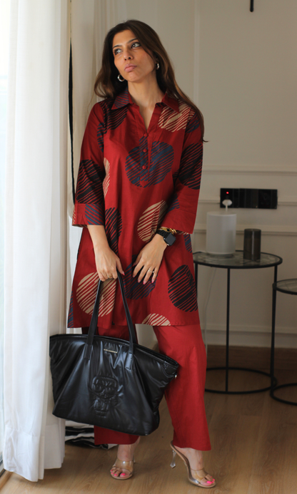 Cotton Red Circle Abstract Collared Coord