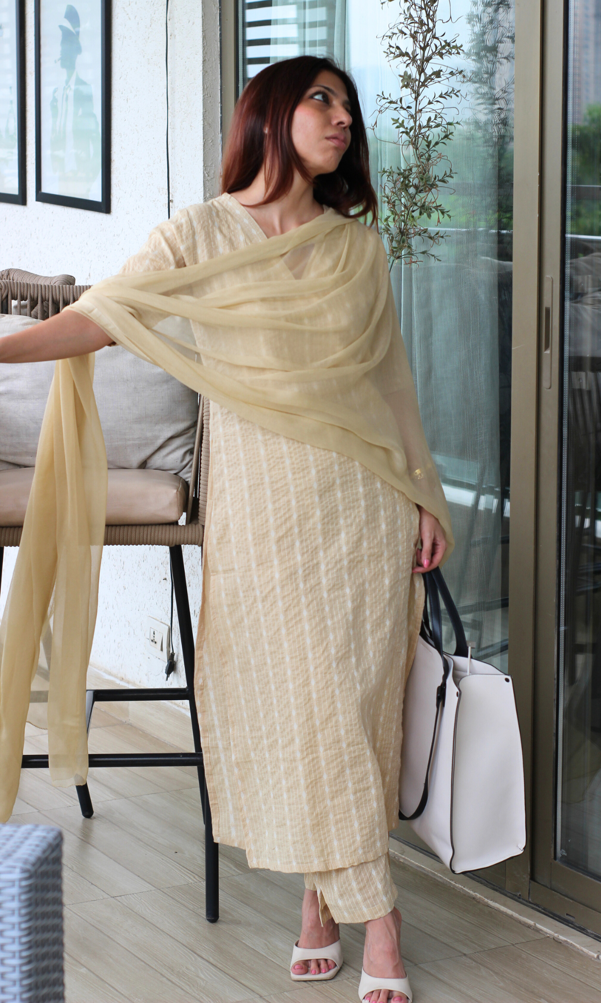 Buttermilk Beige Cotton Kantha Kurta, Pant & Chiffon Dupatta