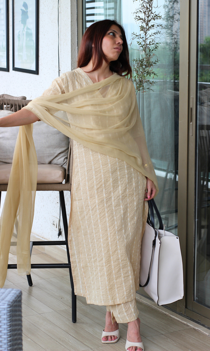 Buttermilk Beige Cotton Kantha Kurta, Pant & Chiffon Dupatta