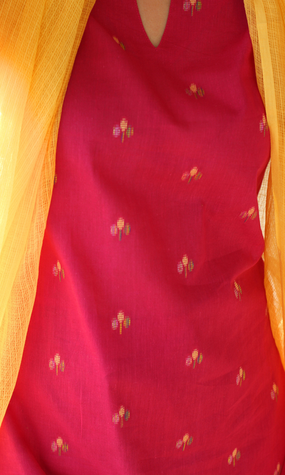 Fuscia Pink Cotton Woven Dobby Kurta , Pant & Ombre Kota Doria Dupatta