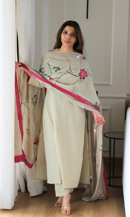 Cotton Slub Clary Sage Kurta, Pant & Mul Handpainted Dupatta