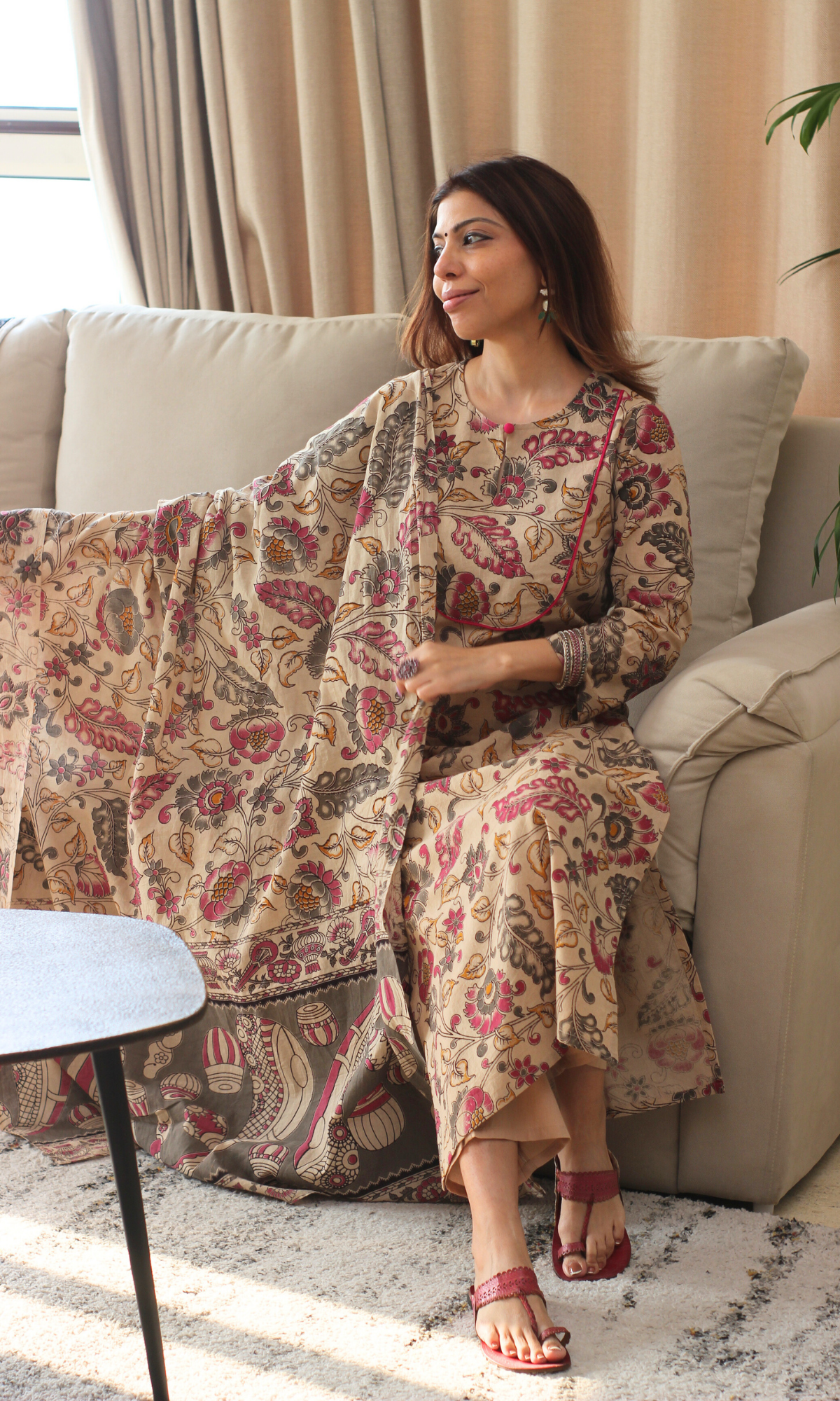 Cotton Beige & Pink Kalamkari Kurta, Cotton Pant & Cotton Kalamkari  Dupatta