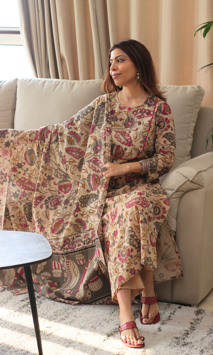 Cotton Beige & Pink Kalamkari Kurta, Cotton Pant & Cotton Kalamkari  Dupatta