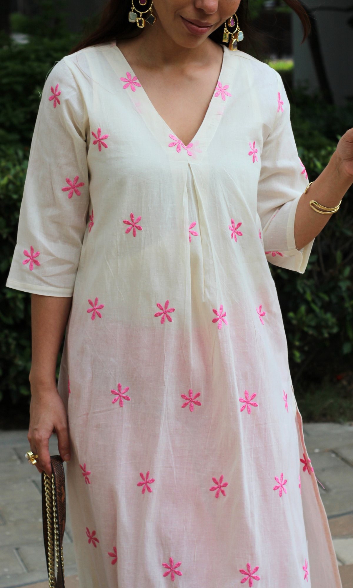 Kora Pink Flowers Embroidered Pleated Kurta & Pants