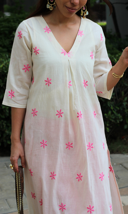 Kora Pink Flowers Embroidered Pleated Kurta & Pants