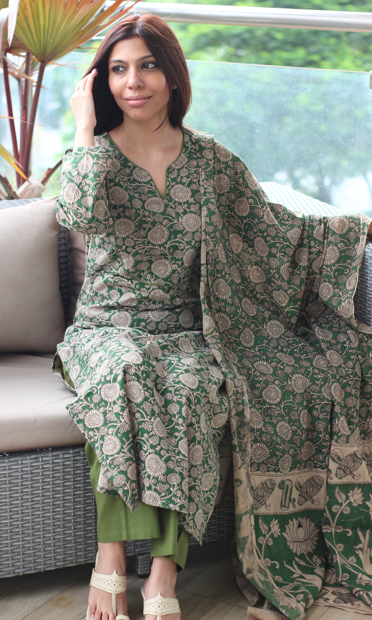 Cotton Emerald Green Handblock Kalamkari Print Kurta, Dupatta & Cotton Pants