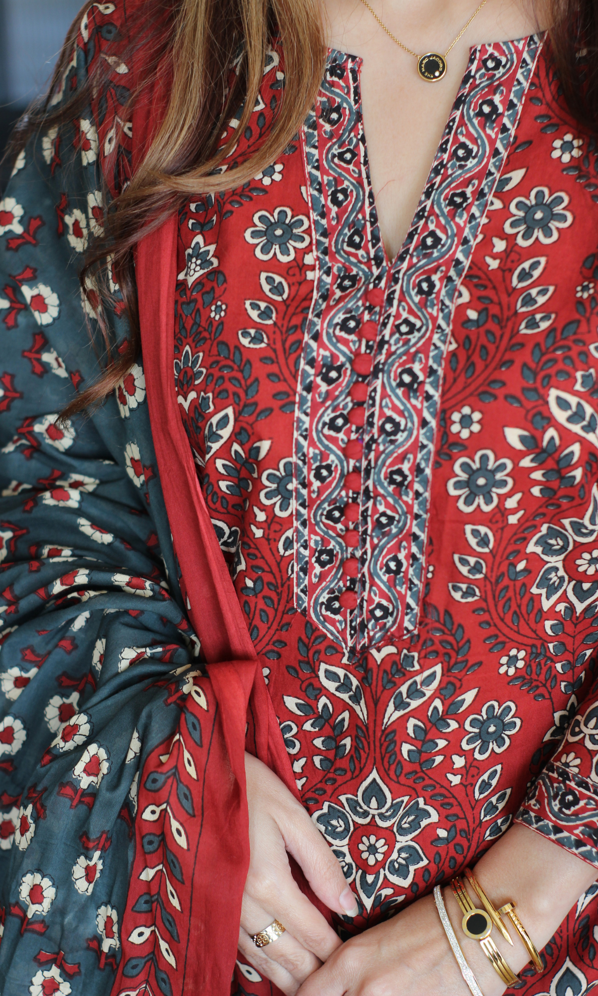 Surkh Ajrakh Block Print Kurta, Dupatta & Cotton Pants