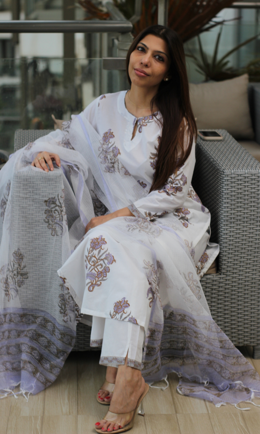 Ziva White & Lavender Mughal Print Kurta, Handblock Print Kota Doria Dupatta & Cotton Pants
