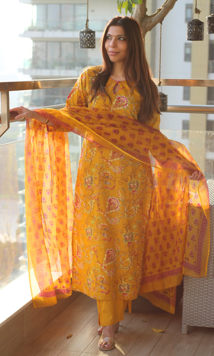Yellow & Pink Jaal Print Cotton Kurta , Pant & Kota Doria Booti Dupatta