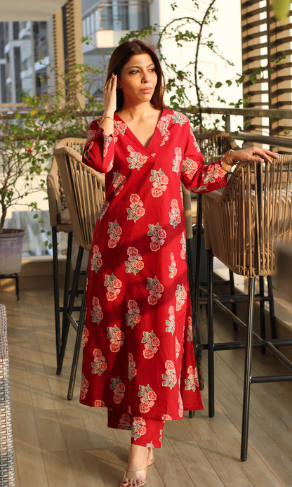 Poppy Red Flower Block Print Kurta & Pant