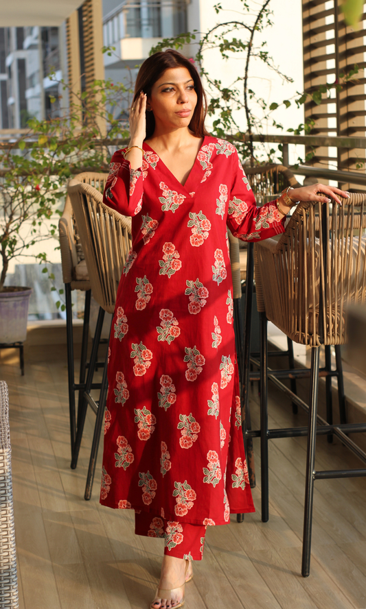 Poppy Red Flower Block Print Kurta & Pant