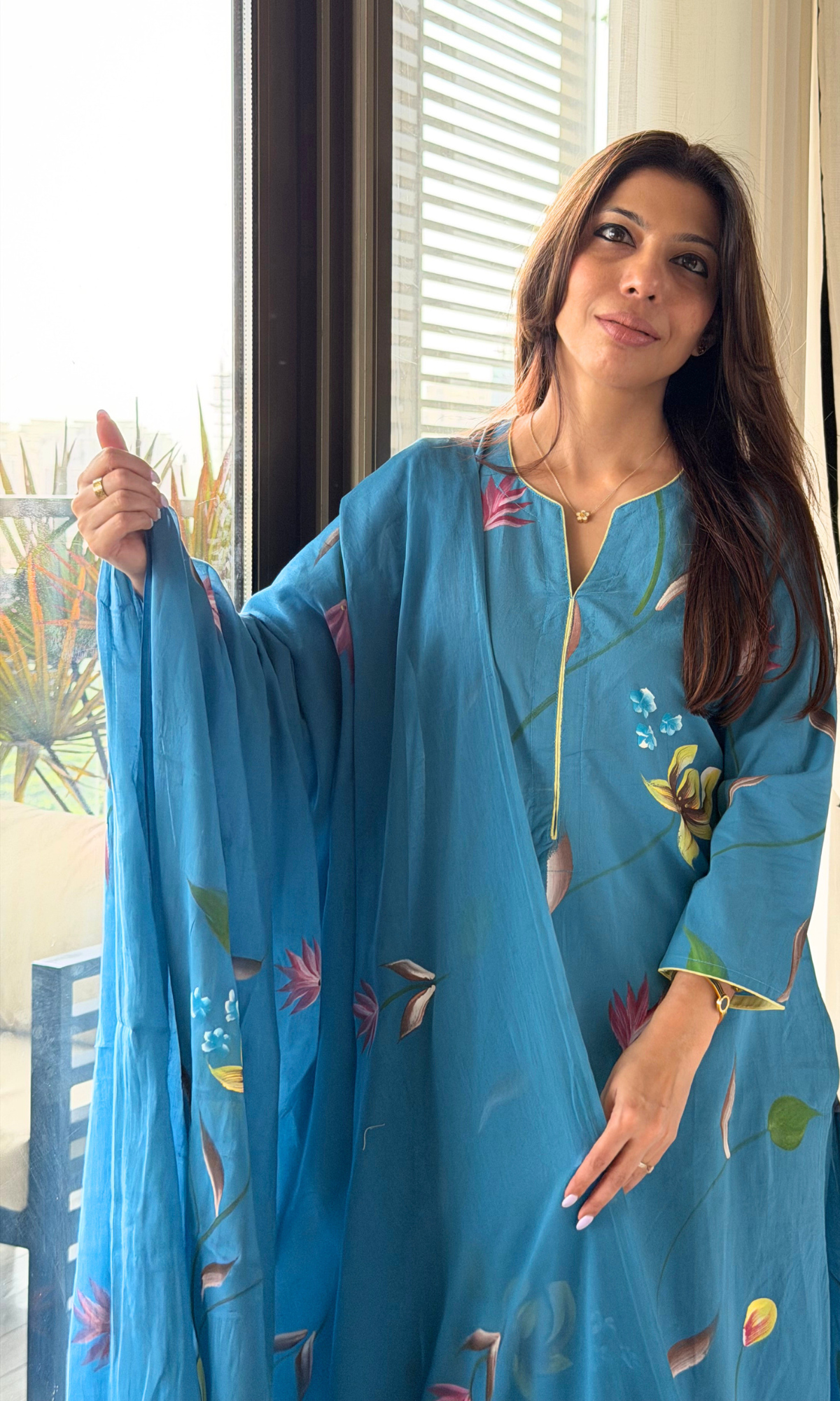 Nile Blue Handbrush Painted Kurta, Cotton Pants & Handpainted Dupatta