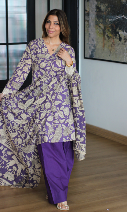 Orchid Kalamkari Kurta,Dupatta & Cotton Farshi Salwaar