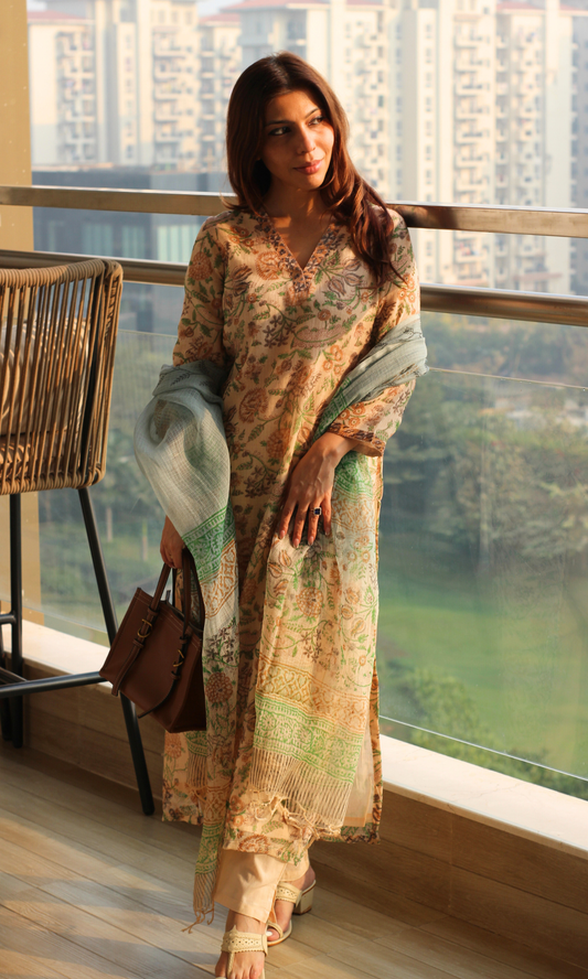 Kota Doria Beige Aqua Handblock Kalamkari Kurta, Dupatta & Cotton Pants