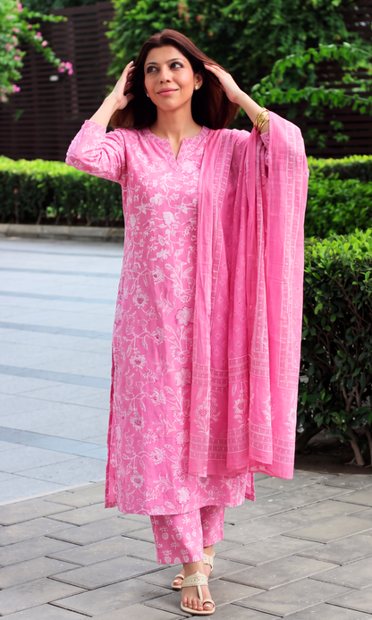 Pink Block Print Cotton Kurta, Pants & Cotton Printed Dupatta